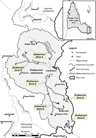 Map showing water allocation zones in the Endeavour catchment