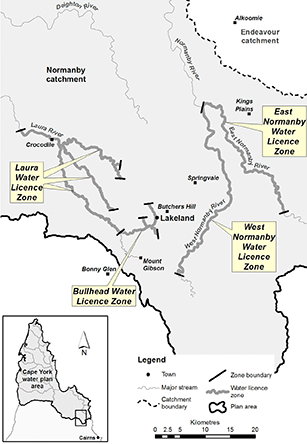 Map of the water licence zones in the Normanby catchment