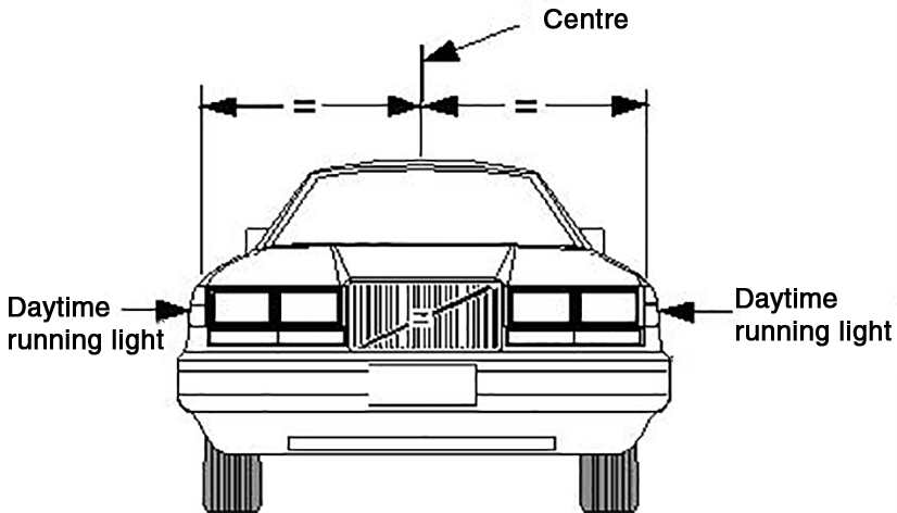 Example of position of pair of daytime running lights fitted to motor vehicle with 4 wheels