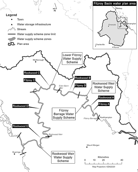 map of Fitzroy Barrage, Lower Fitzroy and Rockwood Weir water supply schemes