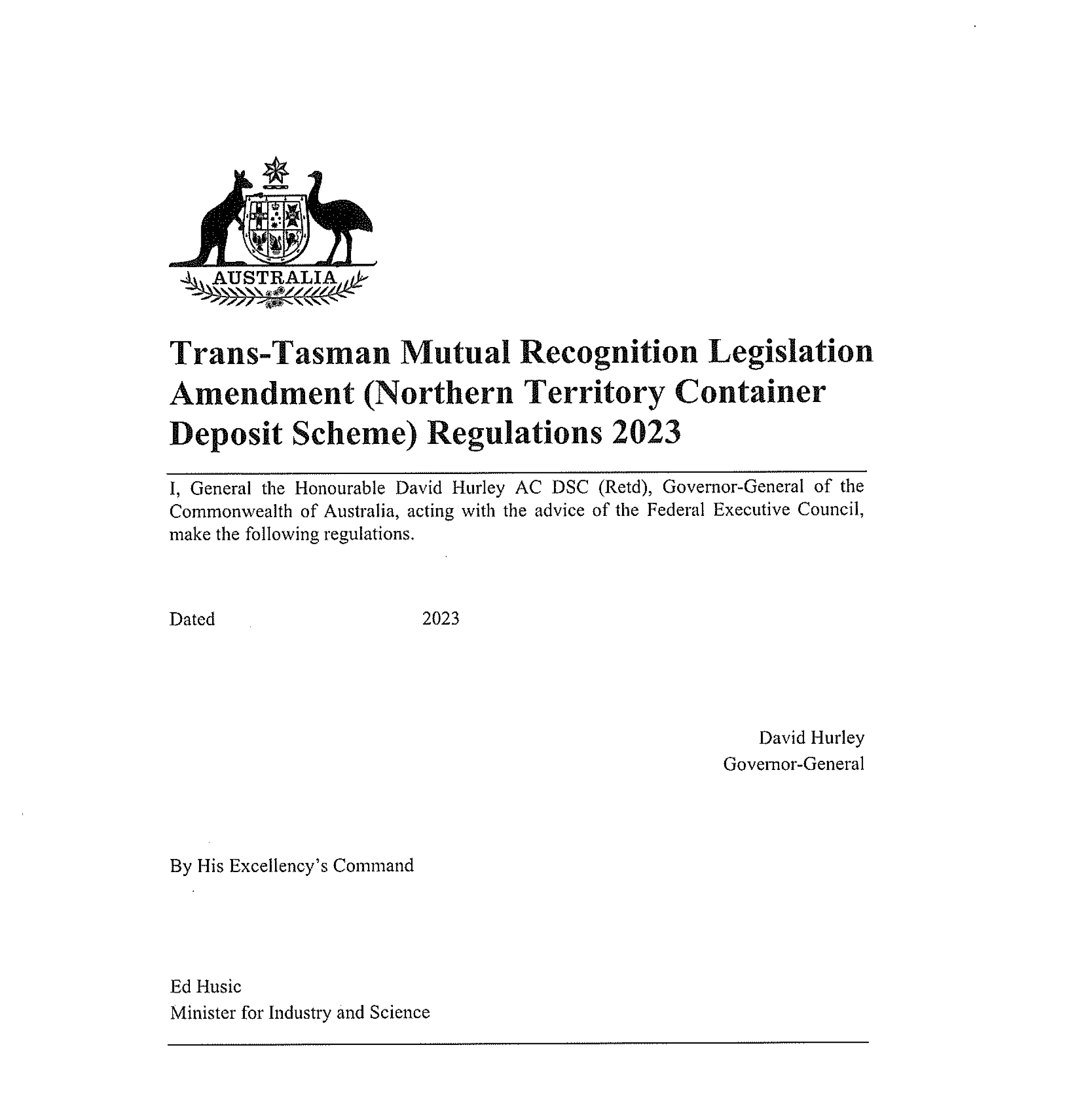 scan of front page of Commonwealth regulation (NT)