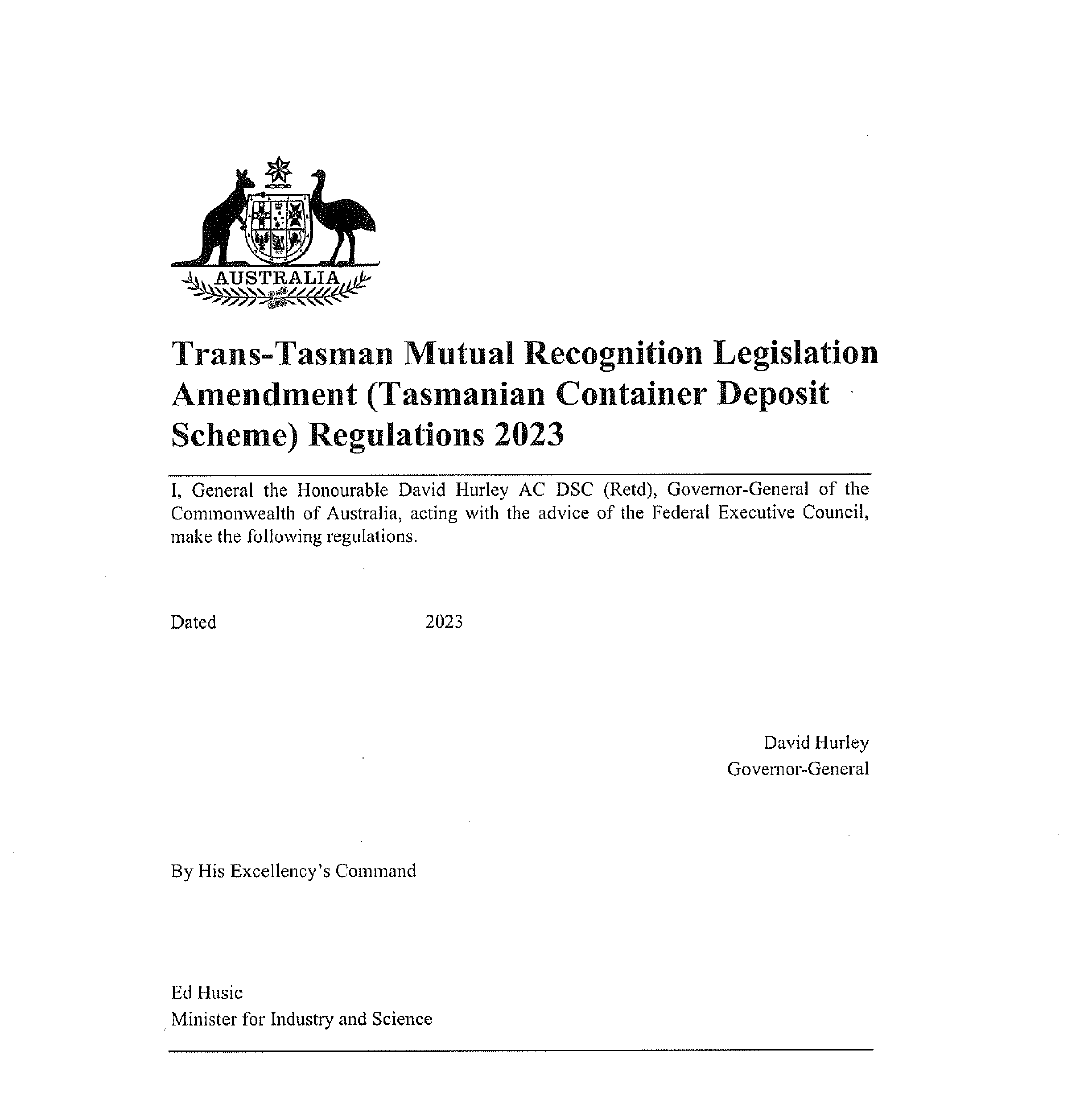 scan of front page of Commonwealth regulation (Tasmania)