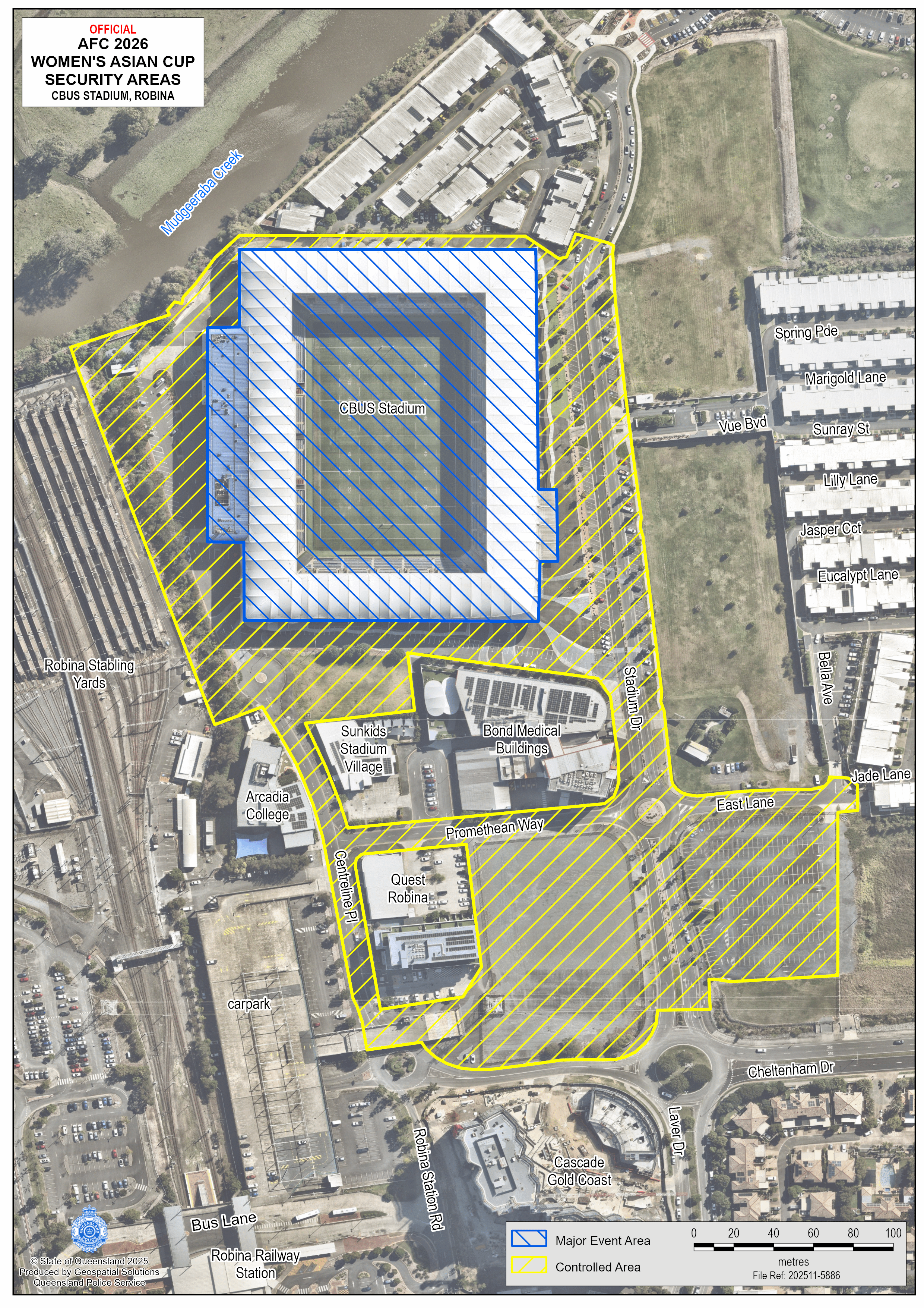 Map of the major event area and the controlled area for the AFC Women’s Asian Cup 2026