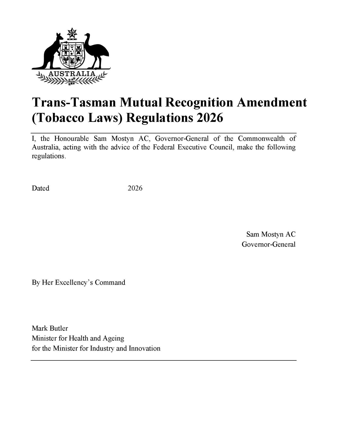 Title page of Trans-Tasman Mutual Recognition Amendment (Tobacco Laws) Regulations 2026